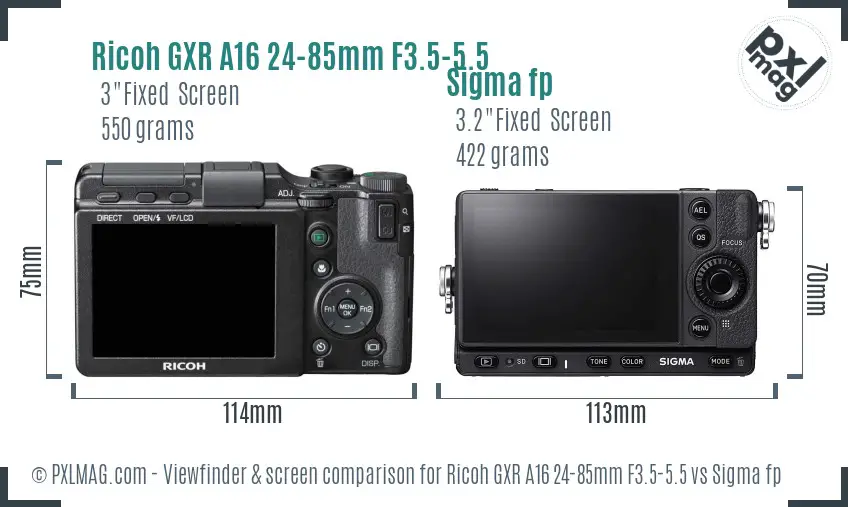 Ricoh GXR A16 24-85mm F3.5-5.5 vs Sigma fp Screen and Viewfinder comparison