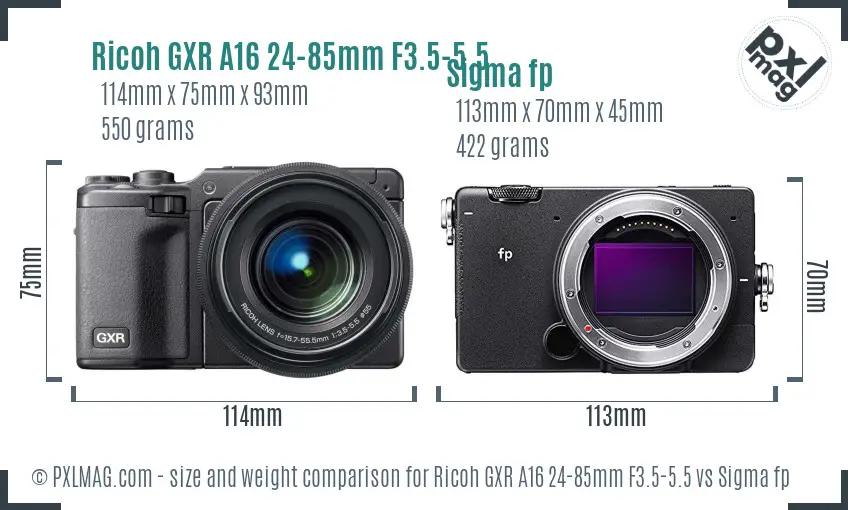 Ricoh GXR A16 24-85mm F3.5-5.5 vs Sigma fp size comparison