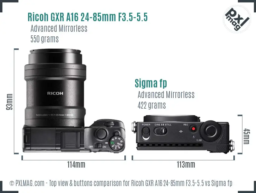 Ricoh GXR A16 24-85mm F3.5-5.5 vs Sigma fp top view buttons comparison