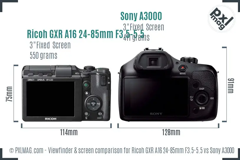 Ricoh GXR A16 24-85mm F3.5-5.5 vs Sony A3000 Screen and Viewfinder comparison