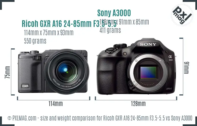 Ricoh GXR A16 24-85mm F3.5-5.5 vs Sony A3000 size comparison