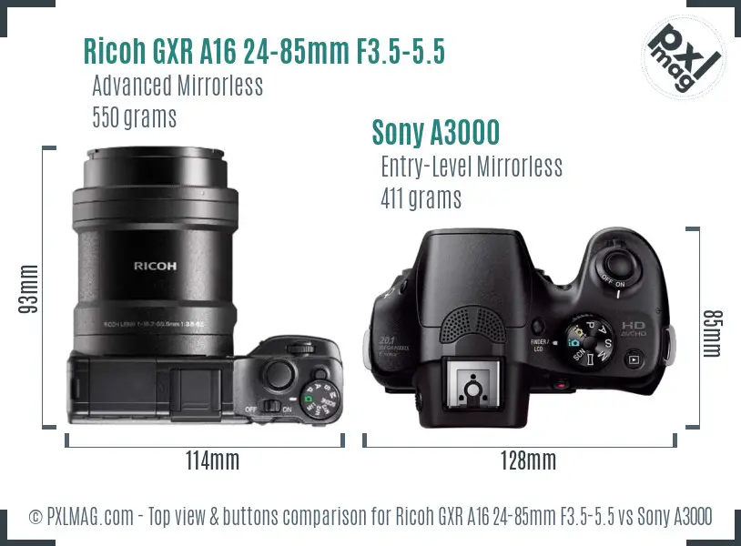 Ricoh GXR A16 24-85mm F3.5-5.5 vs Sony A3000 top view buttons comparison