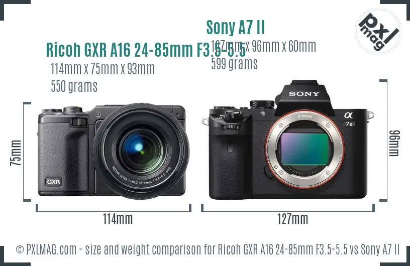 Ricoh GXR A16 24-85mm F3.5-5.5 vs Sony A7 II size comparison