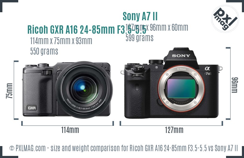 Ricoh GXR A16 24-85mm F3.5-5.5 vs Sony A7 II size comparison