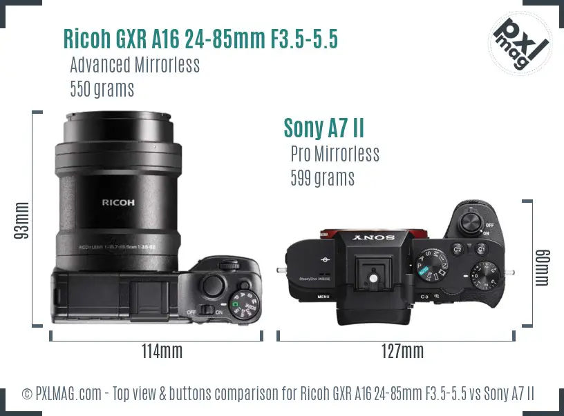 Ricoh GXR A16 24-85mm F3.5-5.5 vs Sony A7 II top view buttons comparison