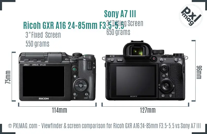 Ricoh GXR A16 24-85mm F3.5-5.5 vs Sony A7 III Screen and Viewfinder comparison