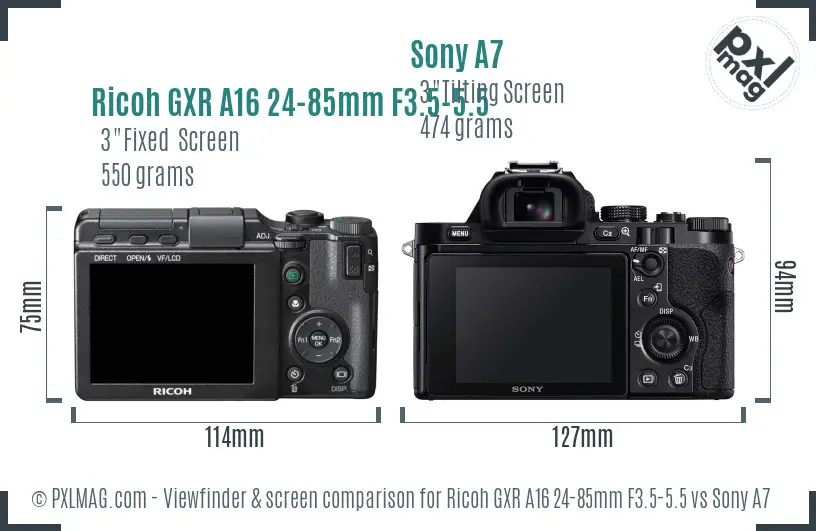 Ricoh GXR A16 24-85mm F3.5-5.5 vs Sony A7 Screen and Viewfinder comparison