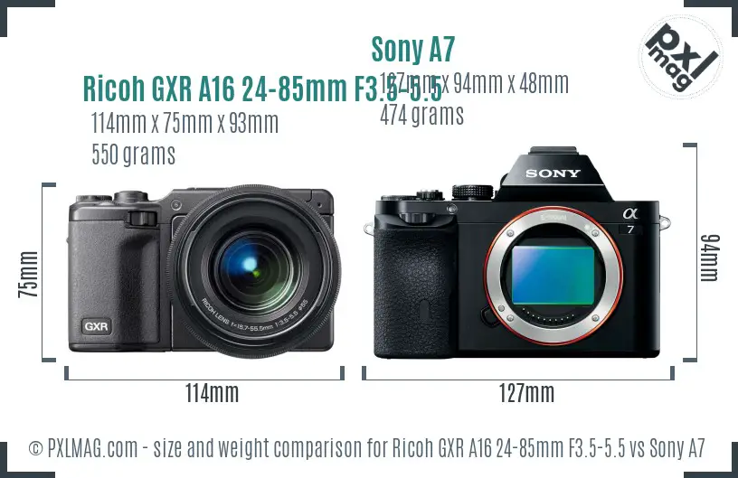 Ricoh GXR A16 24-85mm F3.5-5.5 vs Sony A7 size comparison