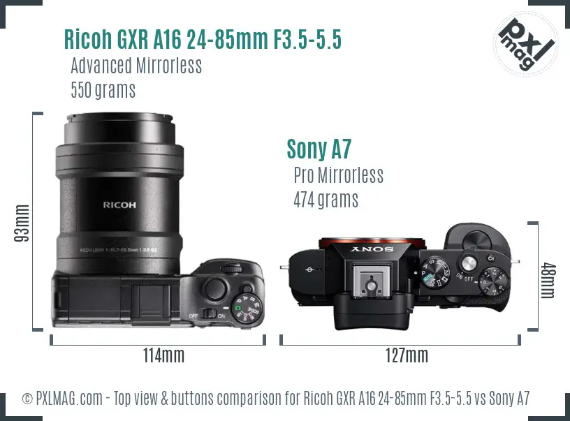 Ricoh GXR A16 24-85mm F3.5-5.5 vs Sony A7 top view buttons comparison