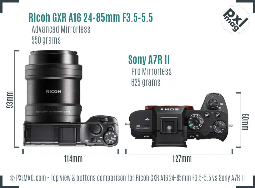 Ricoh GXR A16 24-85mm F3.5-5.5 vs Sony A7R II top view buttons comparison