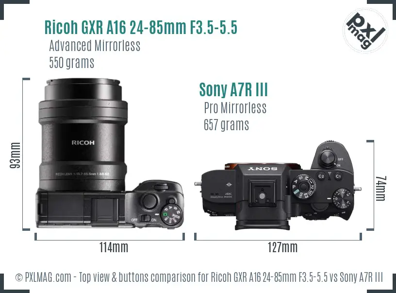 Ricoh GXR A16 24-85mm F3.5-5.5 vs Sony A7R III top view buttons comparison Ricoh GXR A16 24-85mm F3.5-5.5 vs Sony A7R III top view buttons comparison