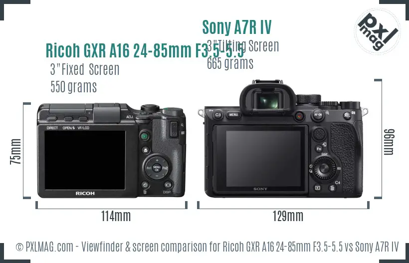 Ricoh GXR A16 24-85mm F3.5-5.5 vs Sony A7R IV Screen and Viewfinder comparison