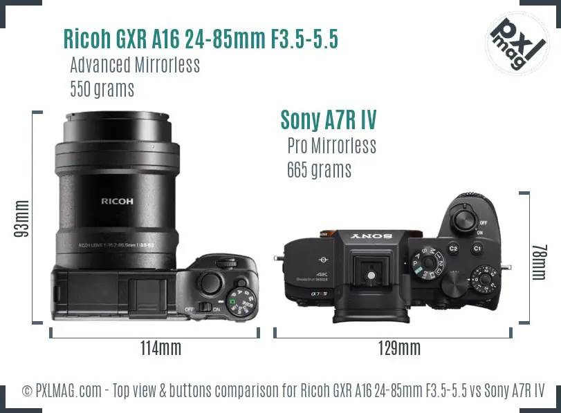 Ricoh GXR A16 24-85mm F3.5-5.5 vs Sony A7R IV top view buttons comparison
