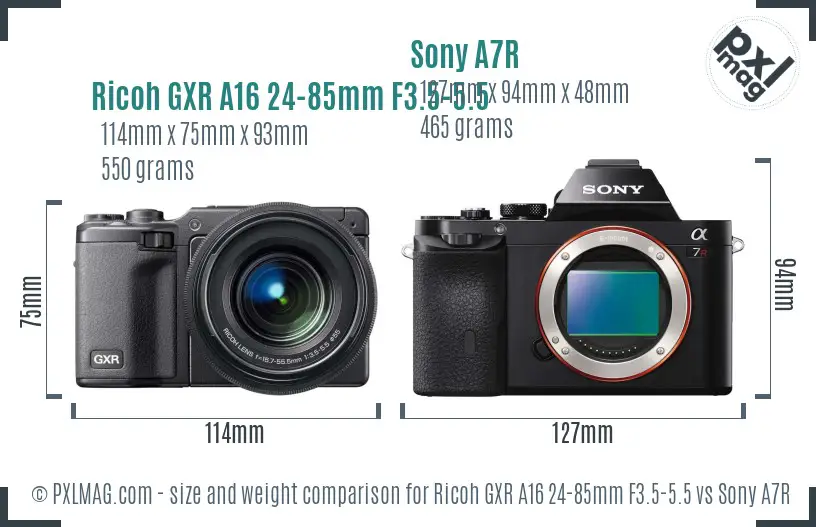 Ricoh GXR A16 24-85mm F3.5-5.5 vs Sony A7R size comparison
