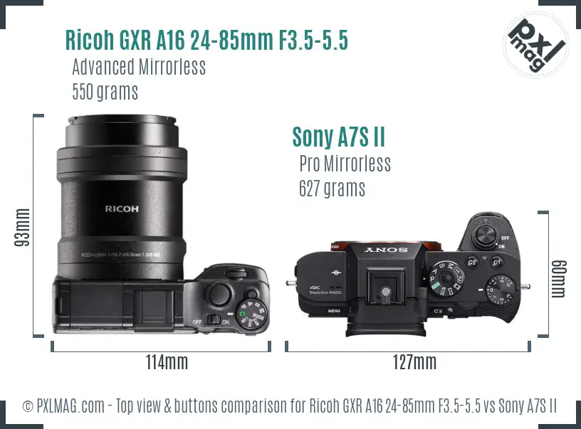 Ricoh GXR A16 24-85mm F3.5-5.5 vs Sony A7S II top view buttons comparison