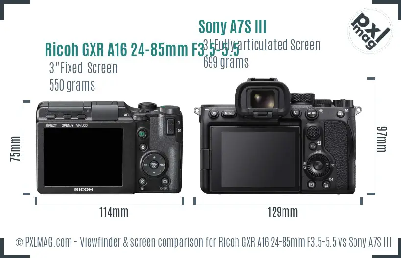 Ricoh GXR A16 24-85mm F3.5-5.5 vs Sony A7S III Screen and Viewfinder comparison