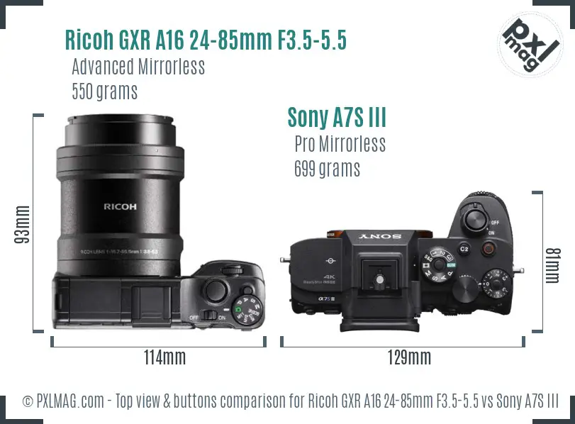 Ricoh GXR A16 24-85mm F3.5-5.5 vs Sony A7S III top view buttons comparison
