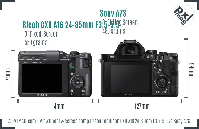 Ricoh GXR A16 24-85mm F3.5-5.5 vs Sony A7S Screen and Viewfinder comparison