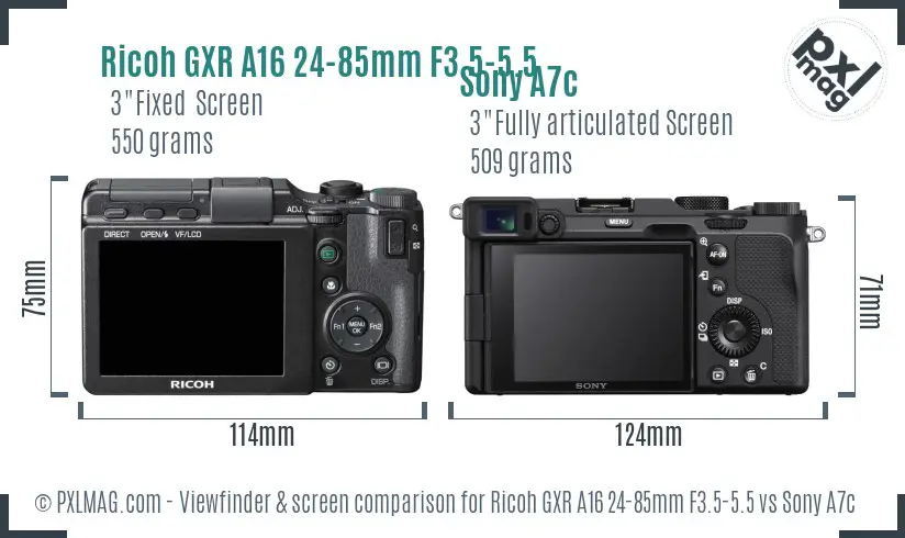 Ricoh GXR A16 24-85mm F3.5-5.5 vs Sony A7c Screen and Viewfinder comparison