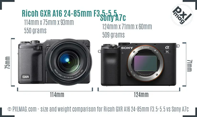 Ricoh GXR A16 24-85mm F3.5-5.5 vs Sony A7c size comparison