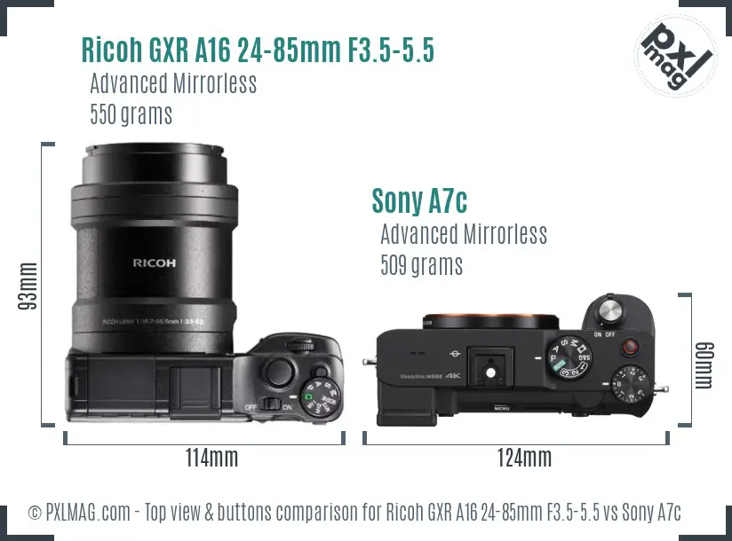 Ricoh GXR A16 24-85mm F3.5-5.5 vs Sony A7c top view buttons comparison