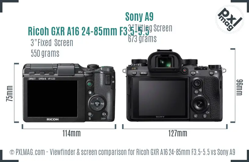 Ricoh GXR A16 24-85mm F3.5-5.5 vs Sony A9 Screen and Viewfinder comparison