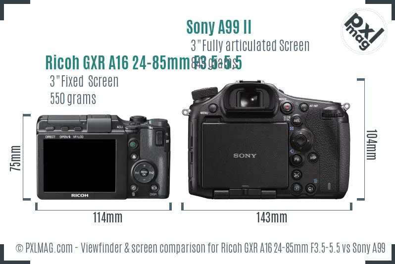 Ricoh GXR A16 24-85mm F3.5-5.5 vs Sony A99 II Screen and Viewfinder comparison