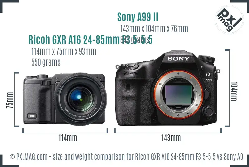 Ricoh GXR A16 24-85mm F3.5-5.5 vs Sony A99 II size comparison