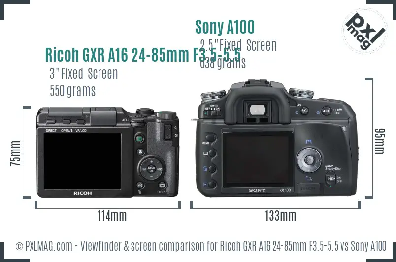 Ricoh GXR A16 24-85mm F3.5-5.5 vs Sony A100 Screen and Viewfinder comparison