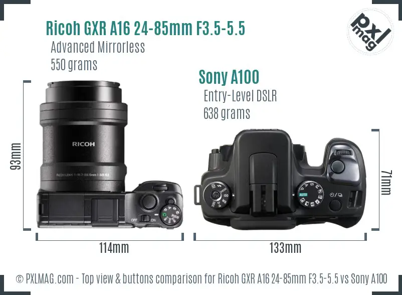 Ricoh GXR A16 24-85mm F3.5-5.5 vs Sony A100 top view buttons comparison
