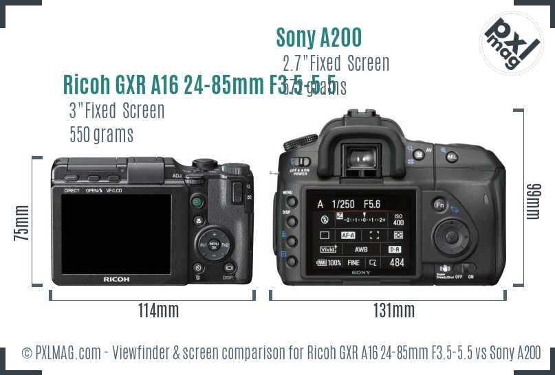Ricoh GXR A16 24-85mm F3.5-5.5 vs Sony A200 Screen and Viewfinder comparison