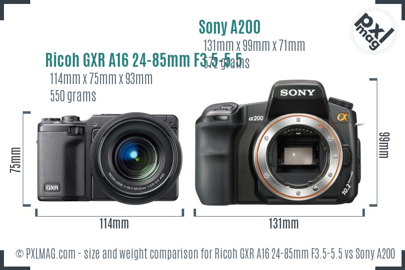 Ricoh GXR A16 24-85mm F3.5-5.5 vs Sony A200 size comparison Ricoh GXR A16 24-85mm F3.5-5.5 vs Sony A200 size comparison