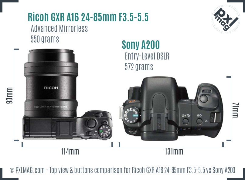 Ricoh GXR A16 24-85mm F3.5-5.5 vs Sony A200 top view buttons comparison