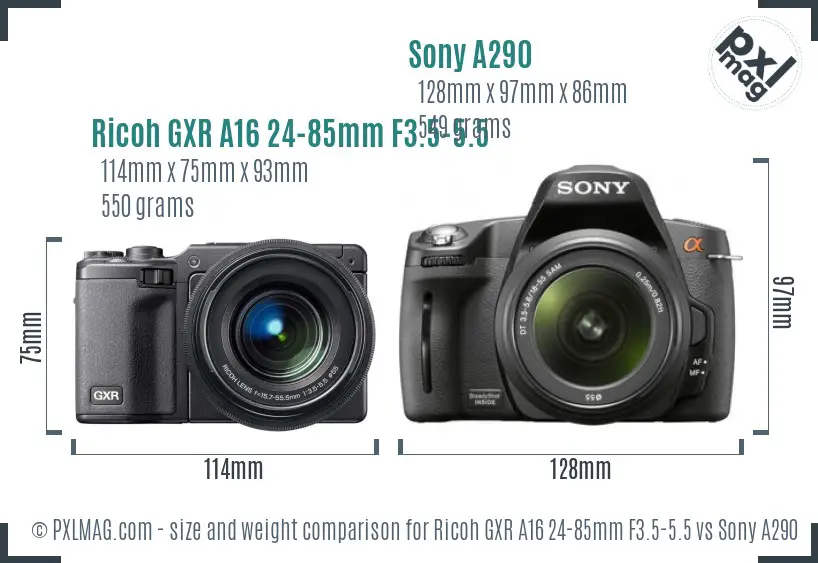Ricoh GXR A16 24-85mm F3.5-5.5 vs Sony A290 size comparison Ricoh GXR A16 24-85mm F3.5-5.5 vs Sony A290 size comparison