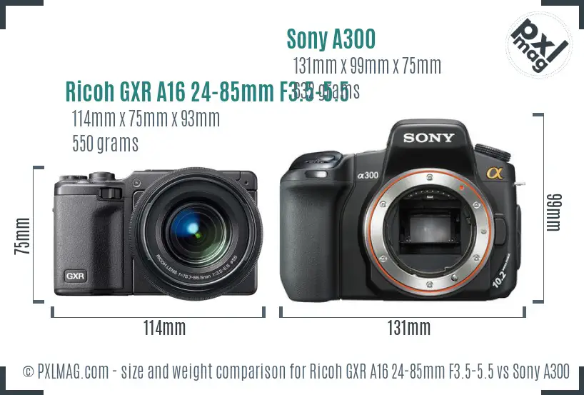 Ricoh GXR A16 24-85mm F3.5-5.5 vs Sony A300 size comparison