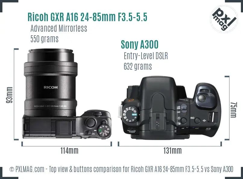 Ricoh GXR A16 24-85mm F3.5-5.5 vs Sony A300 top view buttons comparison