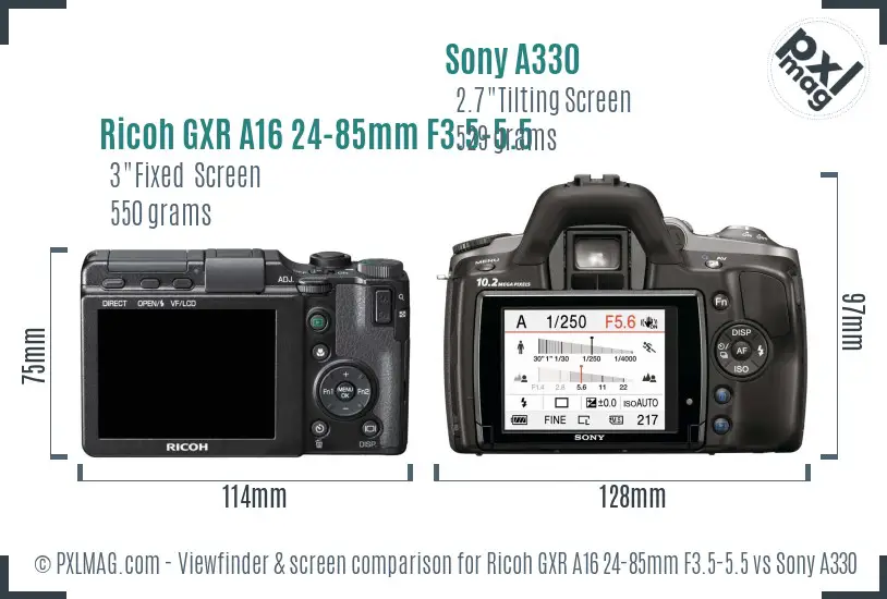 Ricoh GXR A16 24-85mm F3.5-5.5 vs Sony A330 Screen and Viewfinder comparison