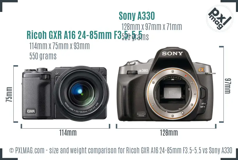 Ricoh GXR A16 24-85mm F3.5-5.5 vs Sony A330 size comparison