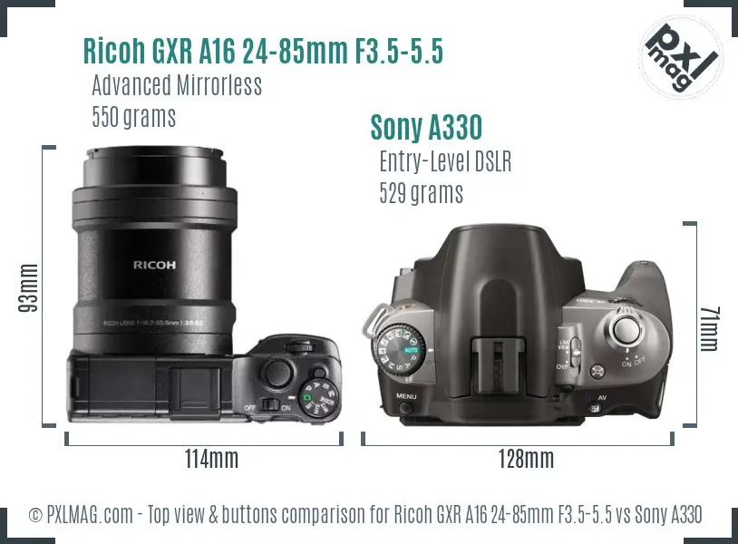 Ricoh GXR A16 24-85mm F3.5-5.5 vs Sony A330 top view buttons comparison