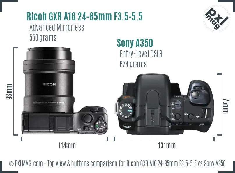 Ricoh GXR A16 24-85mm F3.5-5.5 vs Sony A350 top view buttons comparison