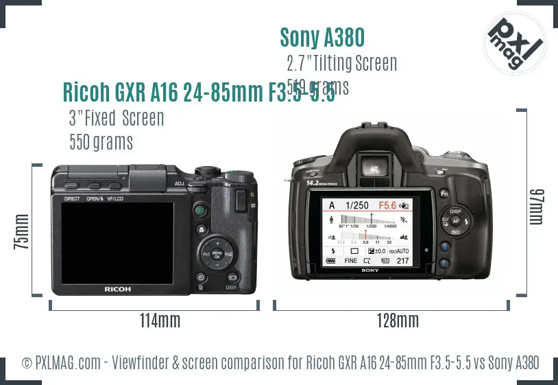 Ricoh GXR A16 24-85mm F3.5-5.5 vs Sony A380 Screen and Viewfinder comparison