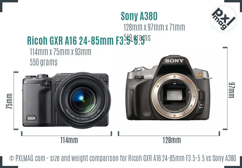 Ricoh GXR A16 24-85mm F3.5-5.5 vs Sony A380 size comparison