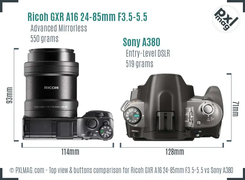 Ricoh GXR A16 24-85mm F3.5-5.5 vs Sony A380 top view buttons comparison