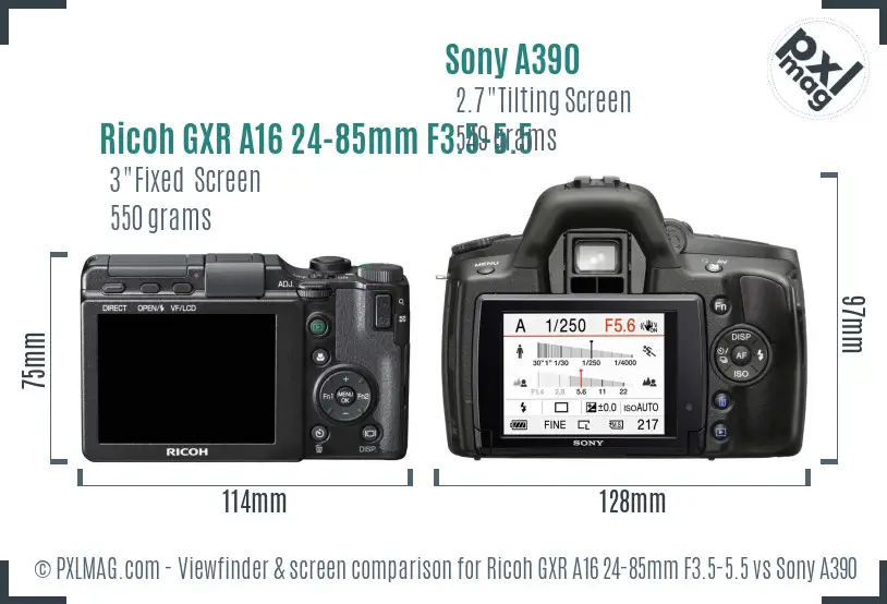 Ricoh GXR A16 24-85mm F3.5-5.5 vs Sony A390 Screen and Viewfinder comparison