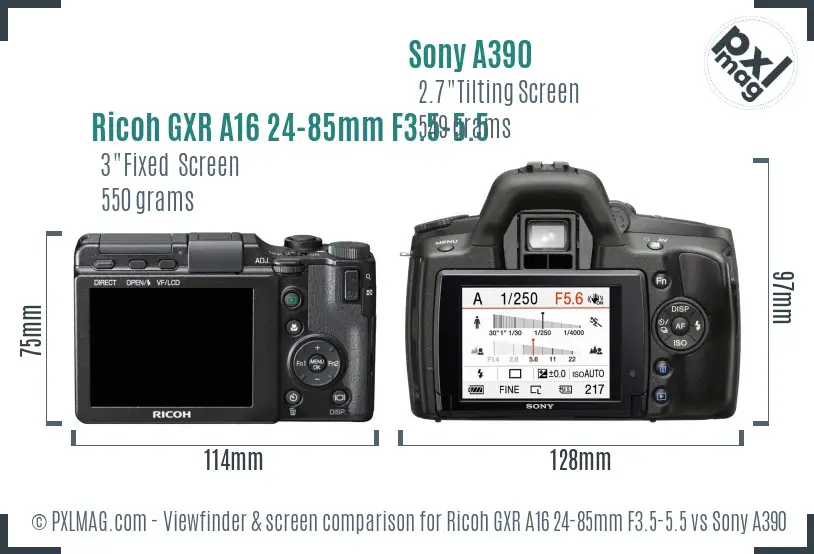 Ricoh GXR A16 24-85mm F3.5-5.5 vs Sony A390 Screen and Viewfinder comparison Ricoh GXR A16 24-85mm F3.5-5.5 vs Sony A390 Screen and Viewfinder comparison
