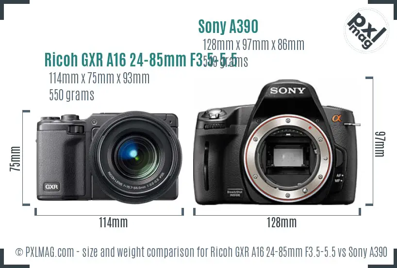 Ricoh GXR A16 24-85mm F3.5-5.5 vs Sony A390 size comparison