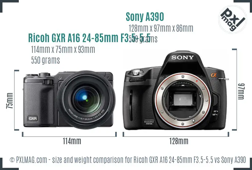 Ricoh GXR A16 24-85mm F3.5-5.5 vs Sony A390 size comparison Ricoh GXR A16 24-85mm F3.5-5.5 vs Sony A390 size comparison