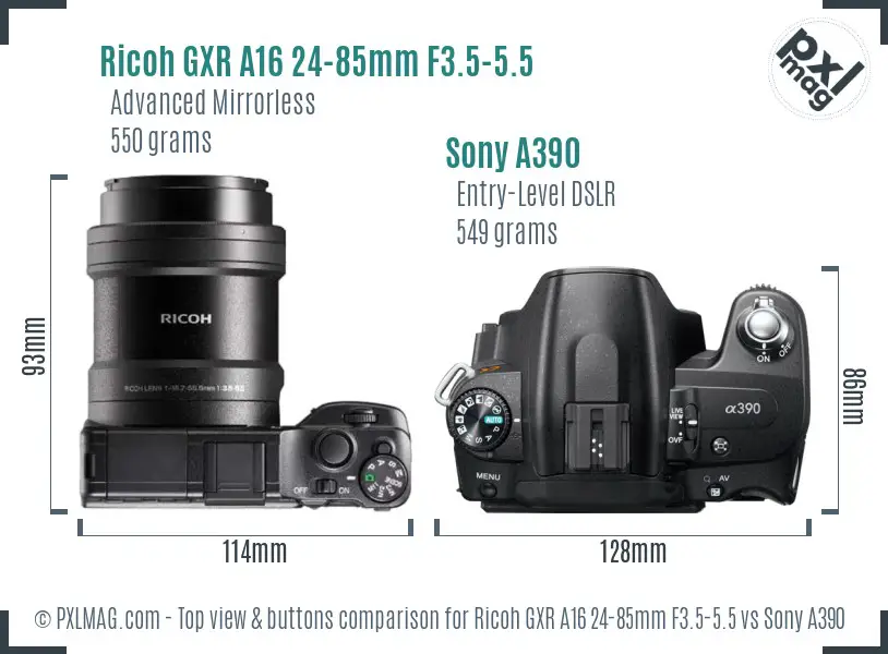 Ricoh GXR A16 24-85mm F3.5-5.5 vs Sony A390 top view buttons comparison