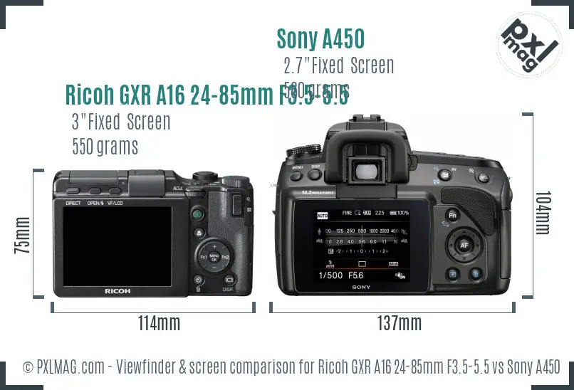 Ricoh GXR A16 24-85mm F3.5-5.5 vs Sony A450 Screen and Viewfinder comparison
