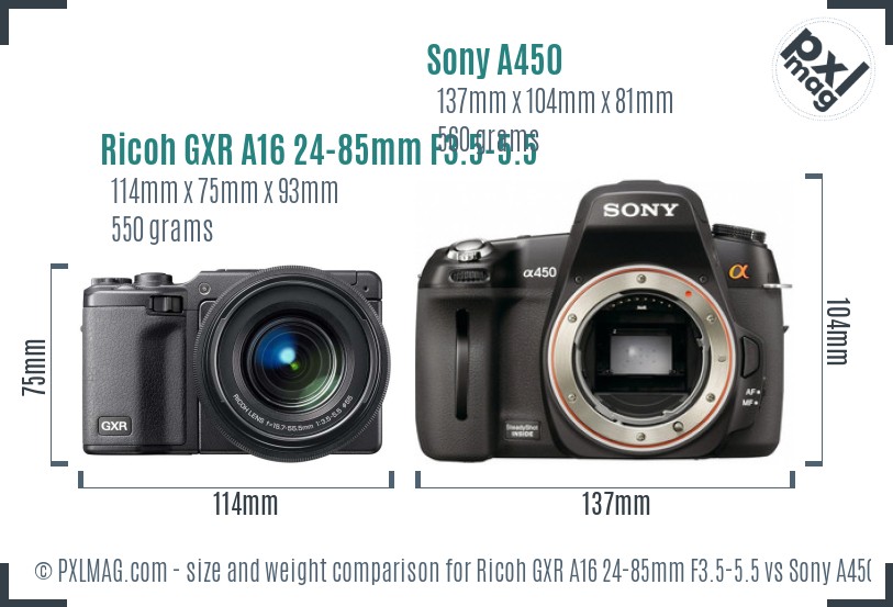 Ricoh GXR A16 24-85mm F3.5-5.5 vs Sony A450 size comparison